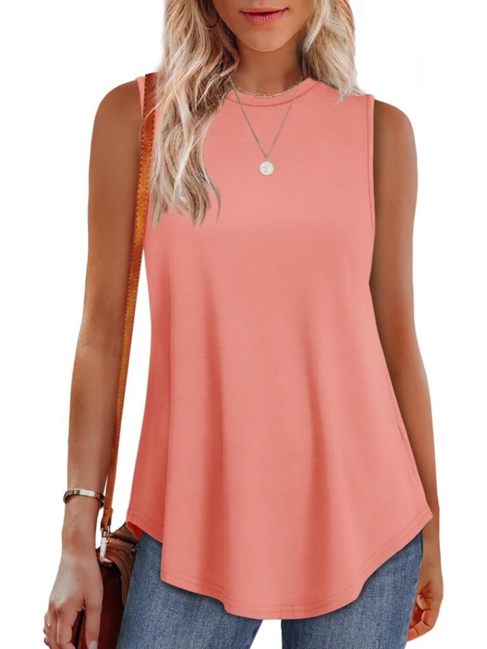 Women's Coral High Neck Tank Loose Fit Sleeveless Casual Wear Summer Tunic Tops